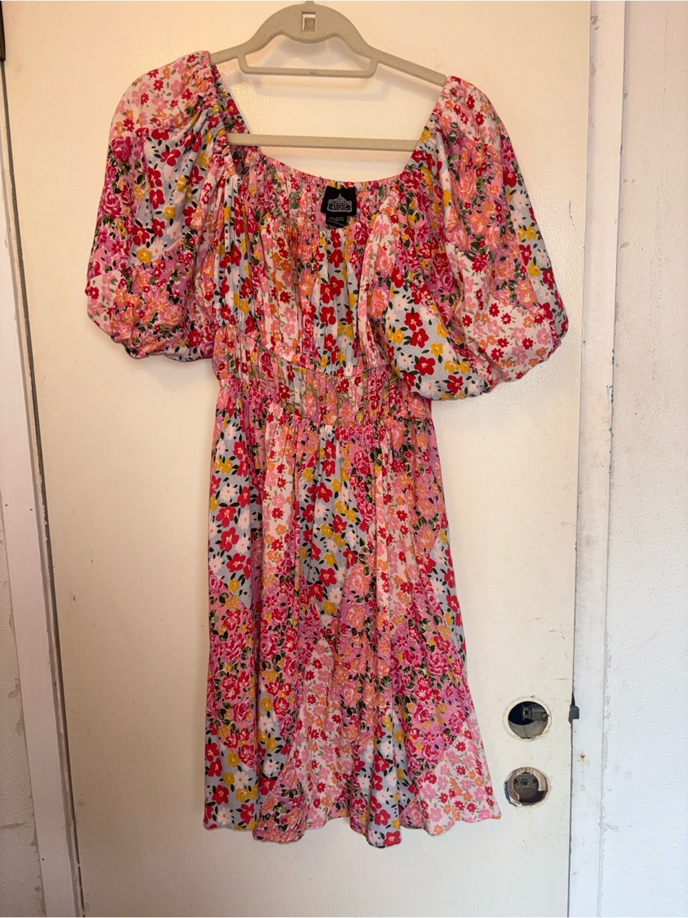Angie Pink Floral Puff-Sleeve Midi Dress